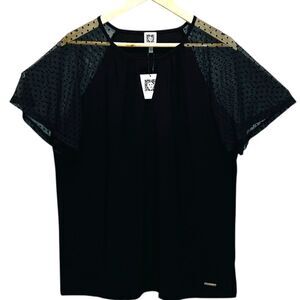 Anne Klein Women’s Size 1X Black Blouse with Sheer Polka Dot Sleeves Tops